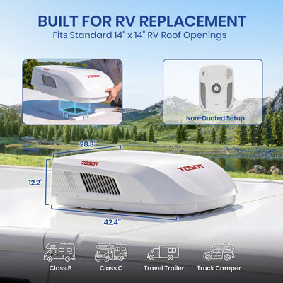 Climatiseur de toit TOSOT 16 000 BTU pour VR, ultra silencieux (43 dB), blanc, avec thermopompe pour chauffage et climatisation, sans conduits, Wi-Fi et télécommande, idéal pour les véhicules récréatifs, les caravanes et les food trucks.