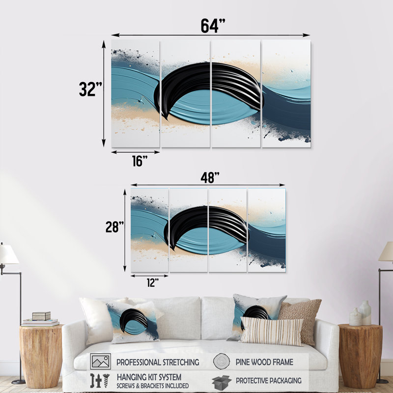 «Shadow Balance Blue and Black - Abstract Modern Waves», ensemble d'art mural 4 pièces, H 28 po x l 48 po