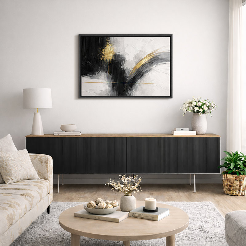 Composition abstraite noire et dorée, coups de pinceau audacieux sur fond neutre, décor moderne contemporain, impression sur toile encadrée, impression numérique