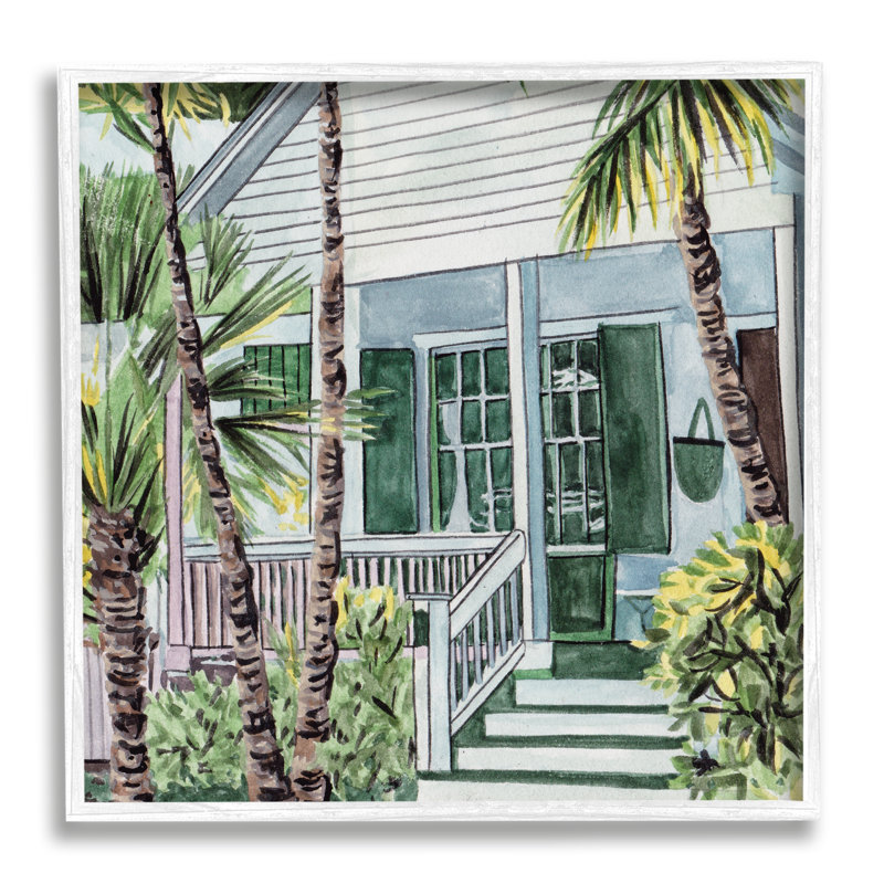 Bb-347-Framed " Tropical Beach Cottage " by Melissa Wang, Coastal White Framed Giclee, 17" H x 17" W x 1.5" D
