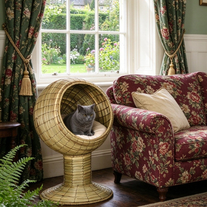 Raised Detachable Cat House with Natural Grass Mat & Cushion, Indoor Outdoor Cat Bed Shelter