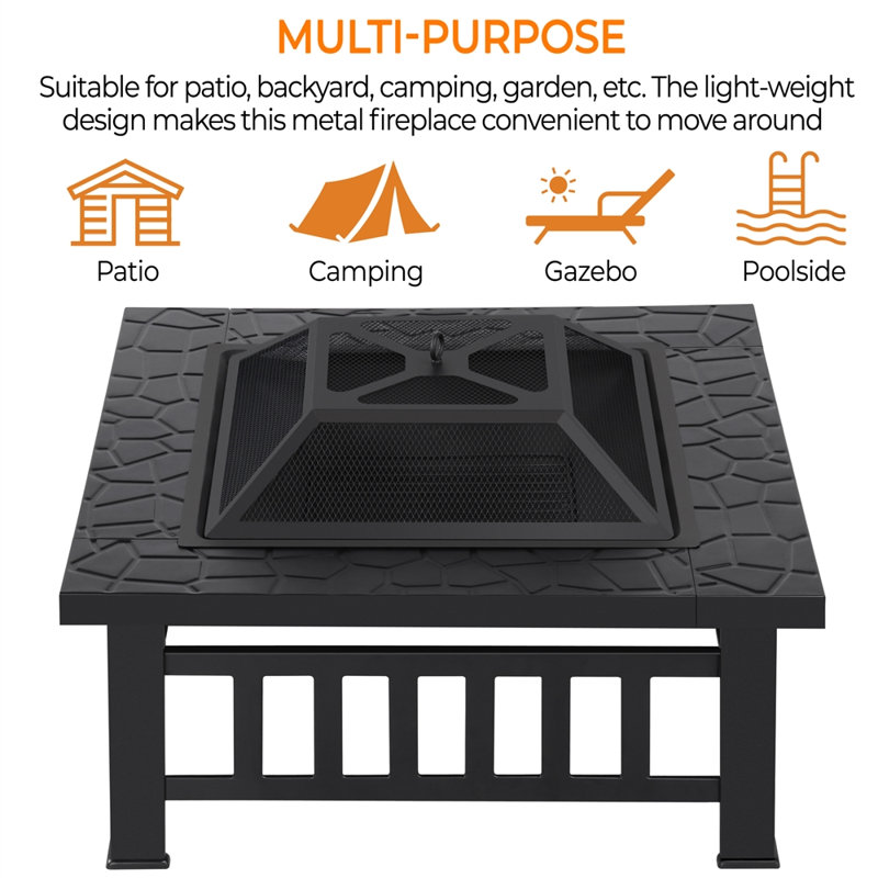 Hearthfolk Square Charcoal and Wood Burning Fire Pit, Black, 80.5cm L x 80.5cm W x 49.5cm H