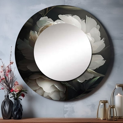 Sosefina Peony Flower III - miroir mural décoratif pivoines, grand miroir rond moderne, impression d'art en métal