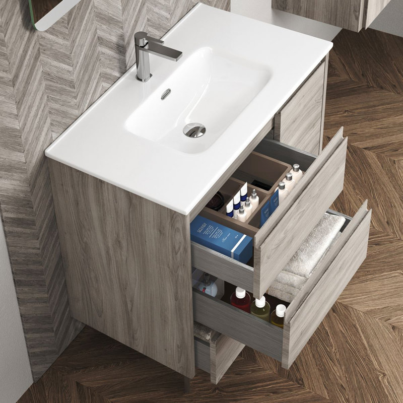Lila 28.0" Freestanding Single Bathroom Vanity with Ceramic Top, Gray Pine, 28"