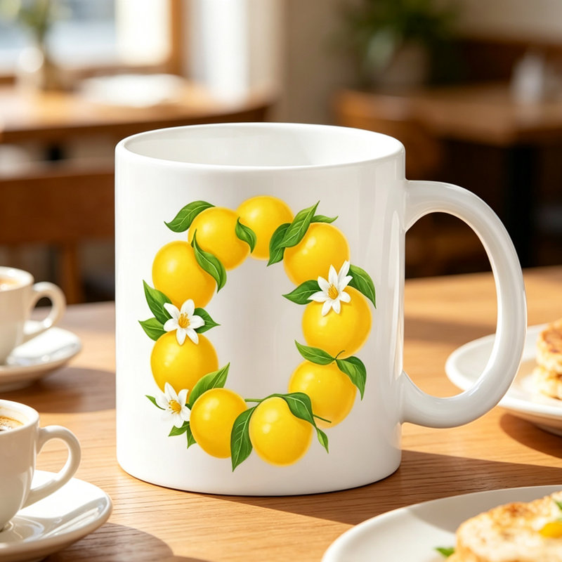 Charming Ceramic Mug with Lemon And Flower Wreath Design - Ideal Gift for Mom On Mother's Day Birthday.