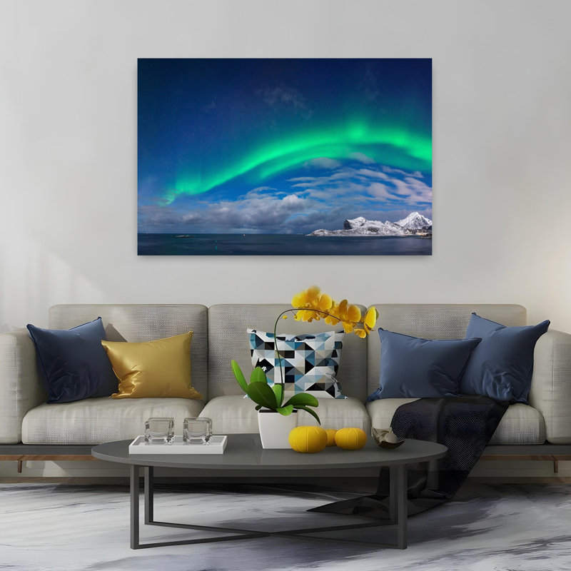 Aurore boréale au-dessus de Flaget Bay, Lofoten, Nordland, Norvège, paysage contemporain abstrait, art naturel