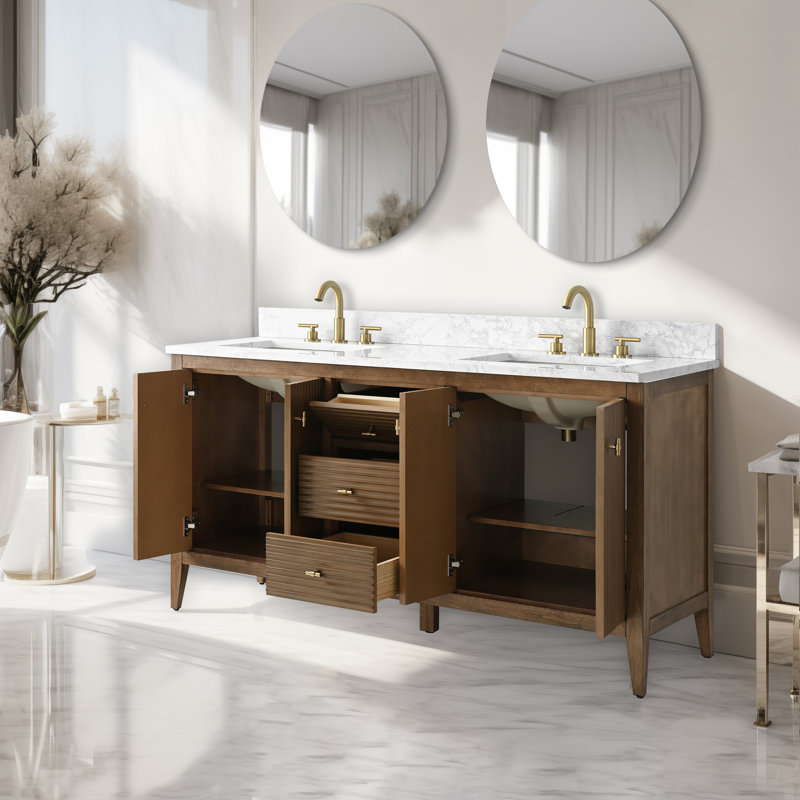 Ensemble de meuble-lavabo double 60 po, Doré brossé, Noyer linéaire