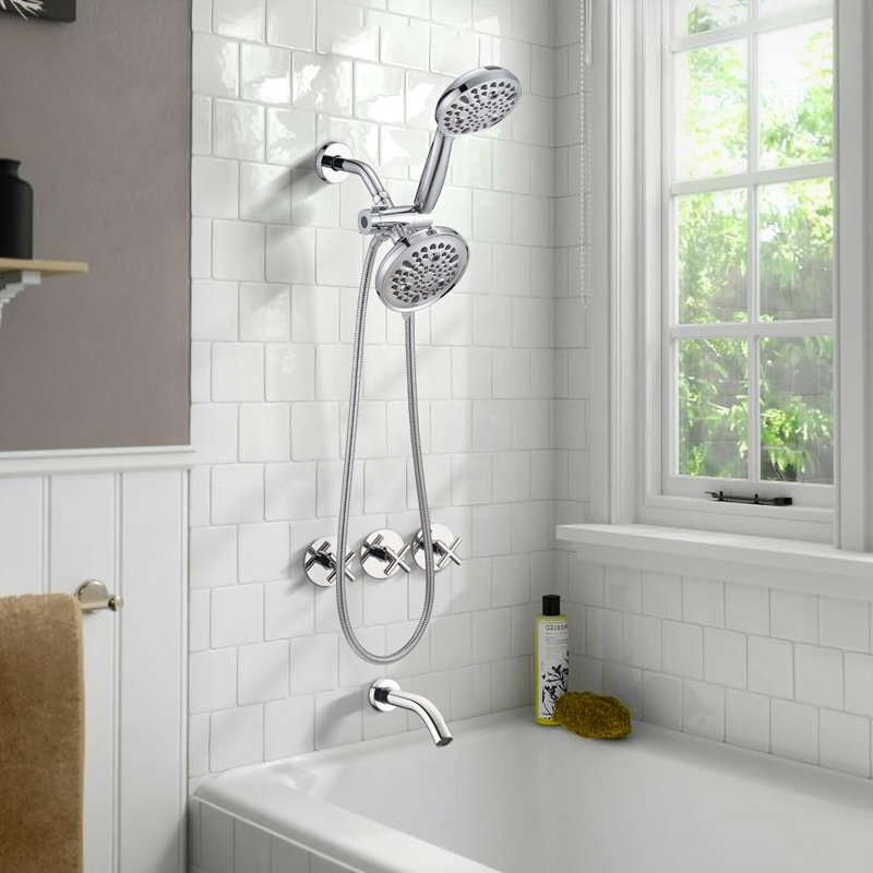 Dual Shower Head Combo With Tub And Shower Trim Kit With Rough-in Valve, Chrome