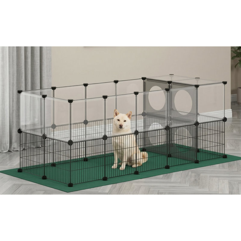 Enceinte d'exercice pour animaux avec tapis en tissu Oxford, 24 pouces de hauteur, barrière de protection pour la maison, combinaison de grillage de fer avec des éléments en plastique, panneaux transparents, conception modulaire avec ouvertures d'activité, dimensions totales: 60,2 x 24,8 x 24,8 pouces