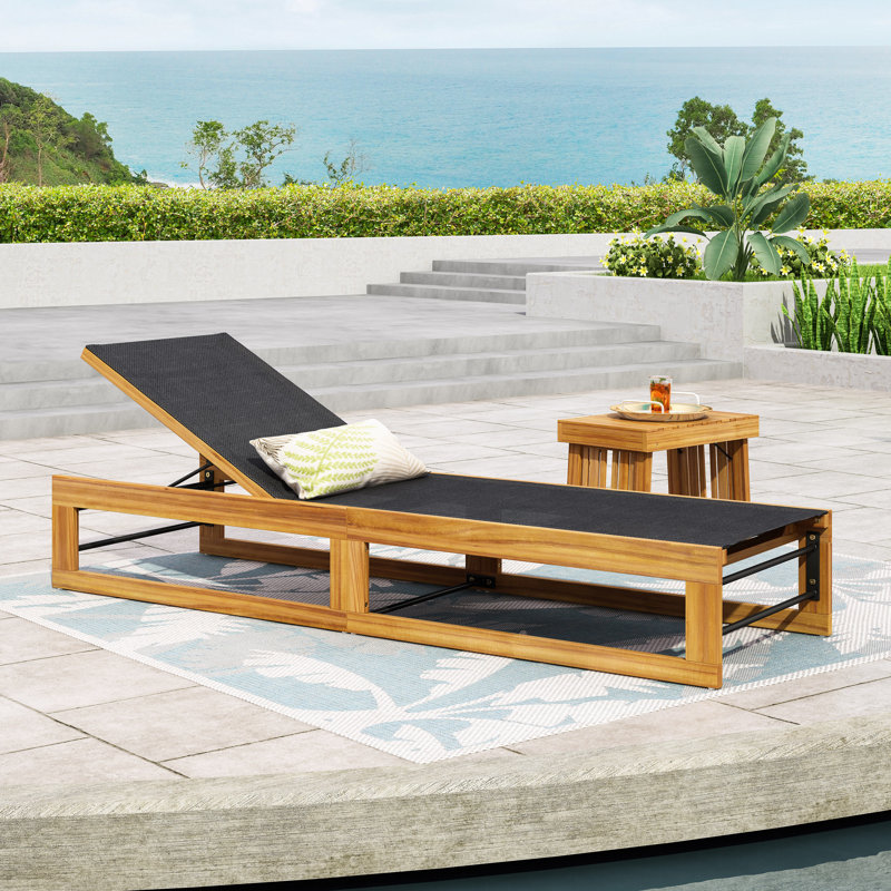Arvada Outdoor Wood Chaise Lounge, Beige Mesh/Teak Frame, 1