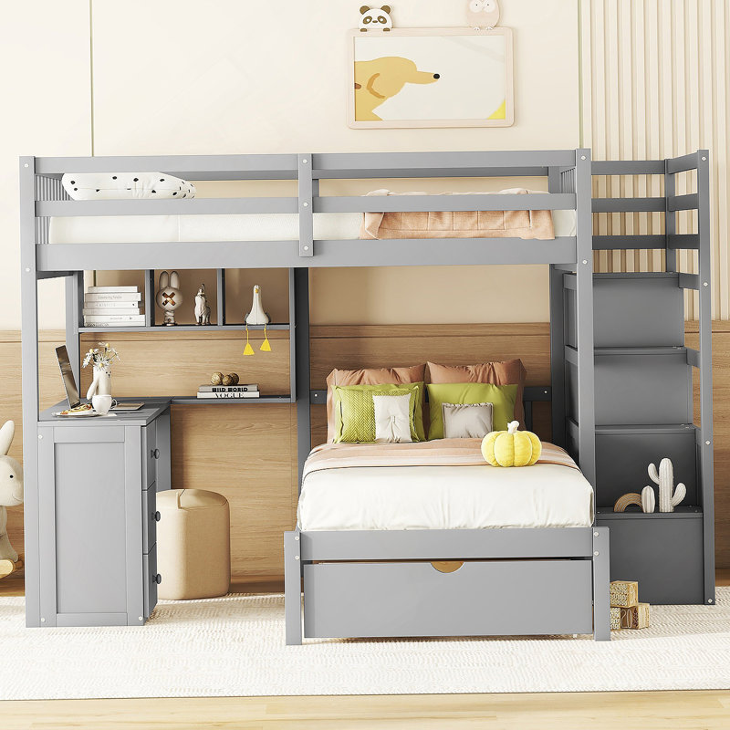 Lit superposé Keirson avec tiroirs et tablettes, Gris