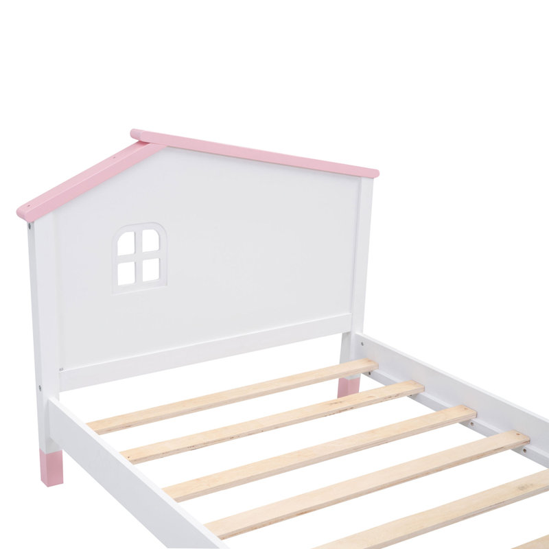 Michigantown Modern Wood Platform Bed Kids Beds with House-shaped Headboard, Twin, White/Pink