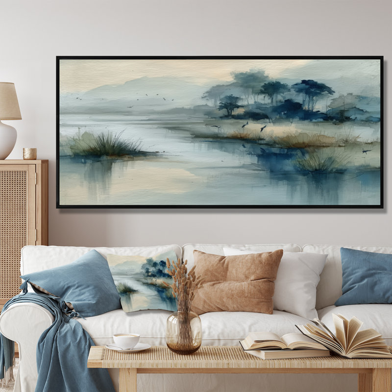 «Blue and Grey Foggy Morning River Run», reproduction d'art sur toile, paysage bleu, Noir, H 28 po x l 60 po