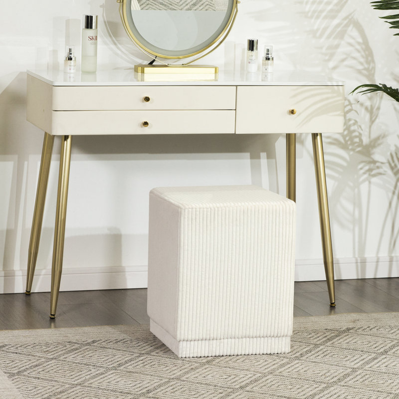 14" Square Ottoman Footrest For Living Room With Channel-Tufted, Beige
