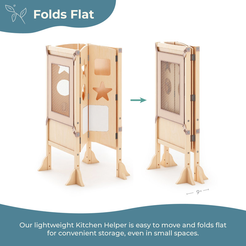 Guidecraft Classic Kitchen Helper Foldable Toddler Tower Stool with Anti-tip Feet and Safety Nets, Natural