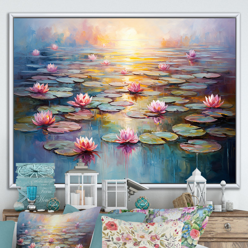 «Monets Water Lily Pond Reflections 1 - Lake», art mural, H 34 po x l 44 po x P 1,5 po, Cadre flottant blanc