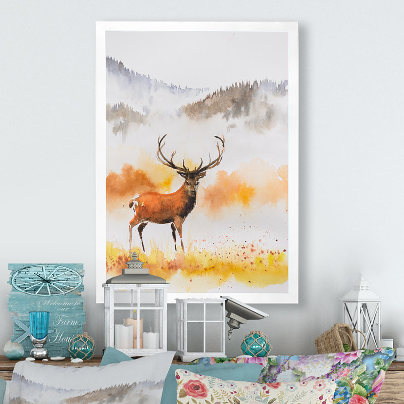 Abstrait cerf avec cornes - reproduction d'art sur toile, H 20 po x l 12 po x P 1 po, Toile avec cadre blanc