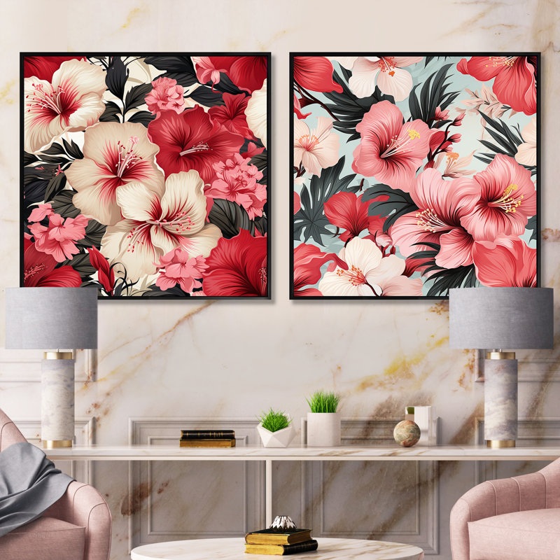 Tyringham - Ensemble de 2 collages carrés floraux, Cadre flottant noir, H 16 po x l 33 po