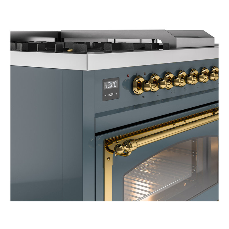 ILVE Nostaglie II Series 48 Noblesse Dual Fuel Range with 5 Sealed Burners, Griddle, Frenchtop (Blue Grey, Brass Trim)