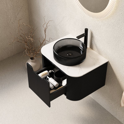 Meuble-lavabo mural 24 po avec lavabo, armoire de tiroir rayée en cristal noir transparent, pré-assemblé, noir, tiroir rond coulissant, fonctionnement en douceur