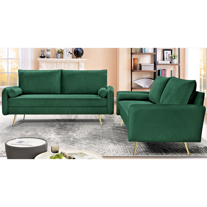 Ensemble de canapé en velours assorti 2 pièces, canapé et causeuse 2 places, ensemble de canapé clouté moderne avec pieds en métal doré pour le salon