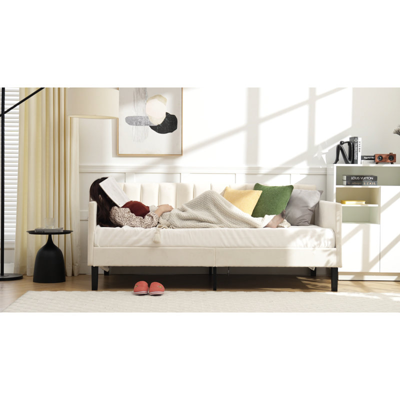 Beige Velvet Upholstered Twin Daybed with Tufted Back and Metal Frame