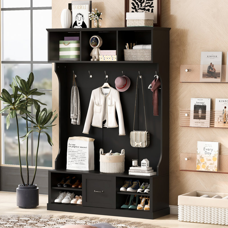 Entryway Hall Tree with Bench, 6 Hooks & Storage Drawer - 3-in-1 Organizer, Black