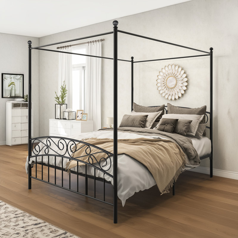 Marieclaire Metal Canopy Bed with Headboard and Footboard, Queen, Black