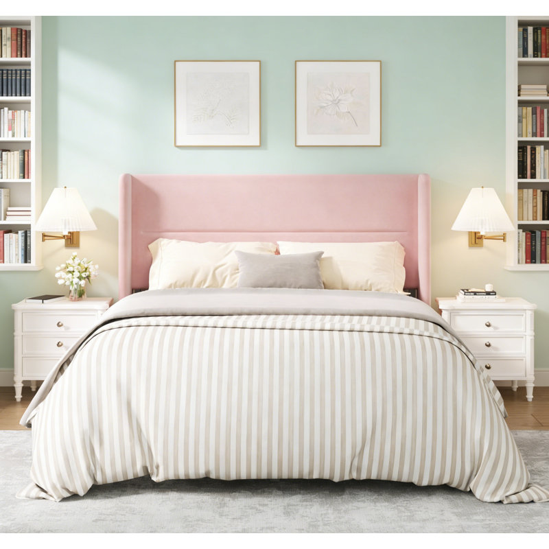 Lit plateforme tapissier en velours, Lit double, Rose