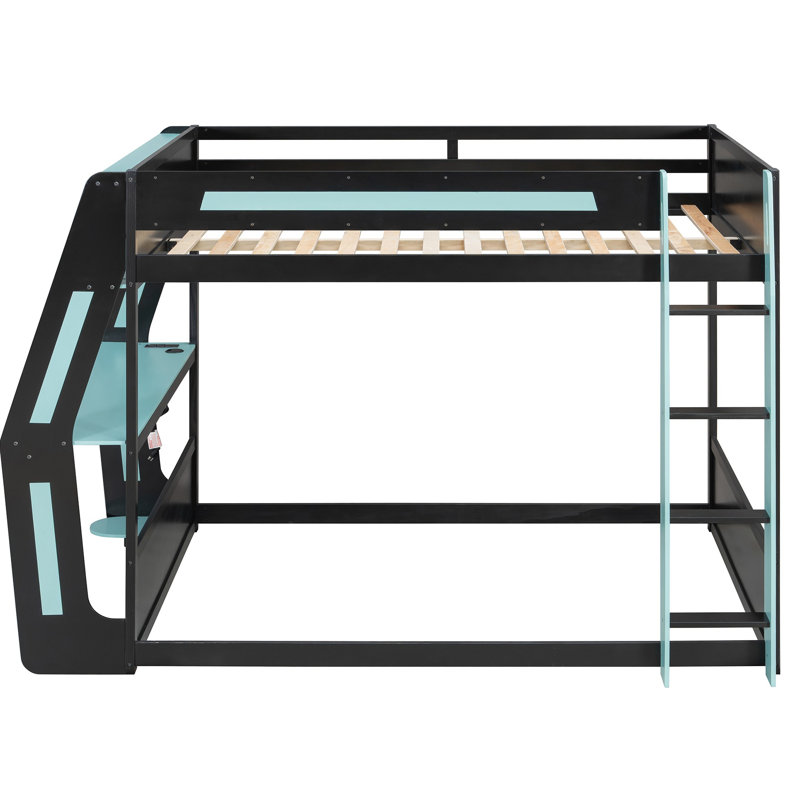 Lit superposé double pleine grandeur avec bureau RVB surdimensionné monté sur le côté, ports de charge USB et œillet pour câble, bande lumineuse à DEL, structure Loft Esports robuste - bleu clair