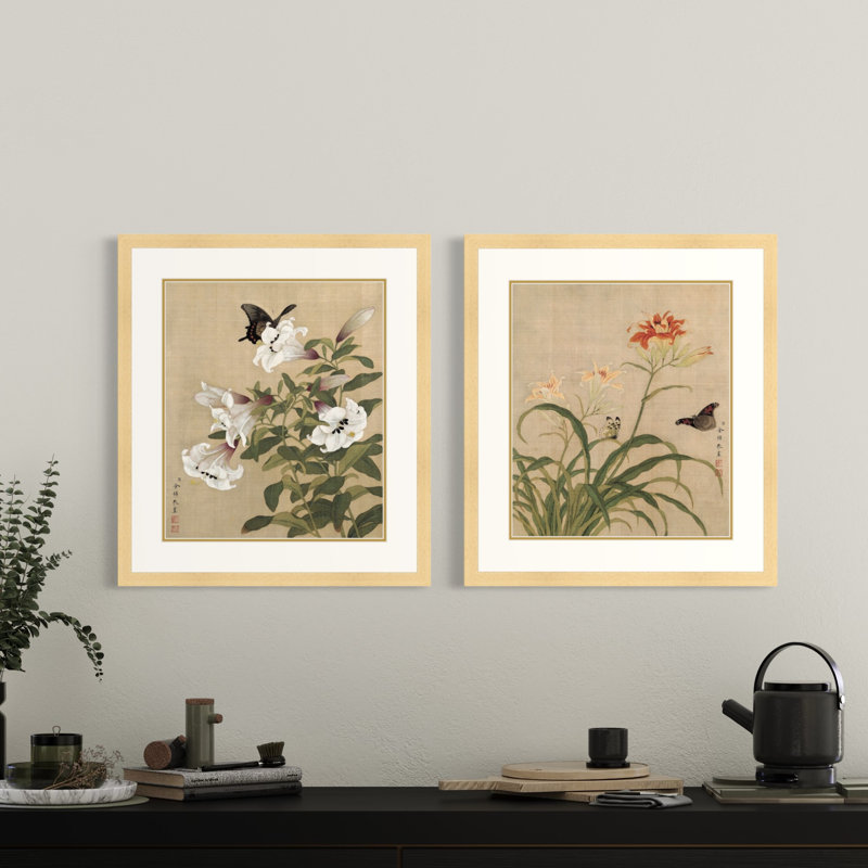 Masterpiece Collection Butterflies Amidst Flowers by Yu Zhi - 2 Piece Single Picture Frame Print Set, 21.5" H x 35" W