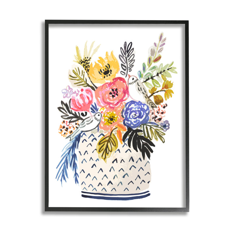 «Birds Perched Fun Floral Blossoms» par Karen Fields - peinture à cadre flottant sur bois, Giclée encadrée noir minuit