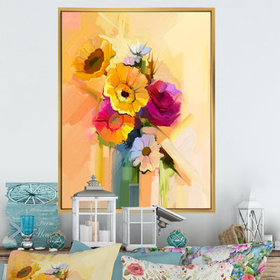 Abstrait pinceau jaune et rose marguerite - Art mural sur toile traditionnel