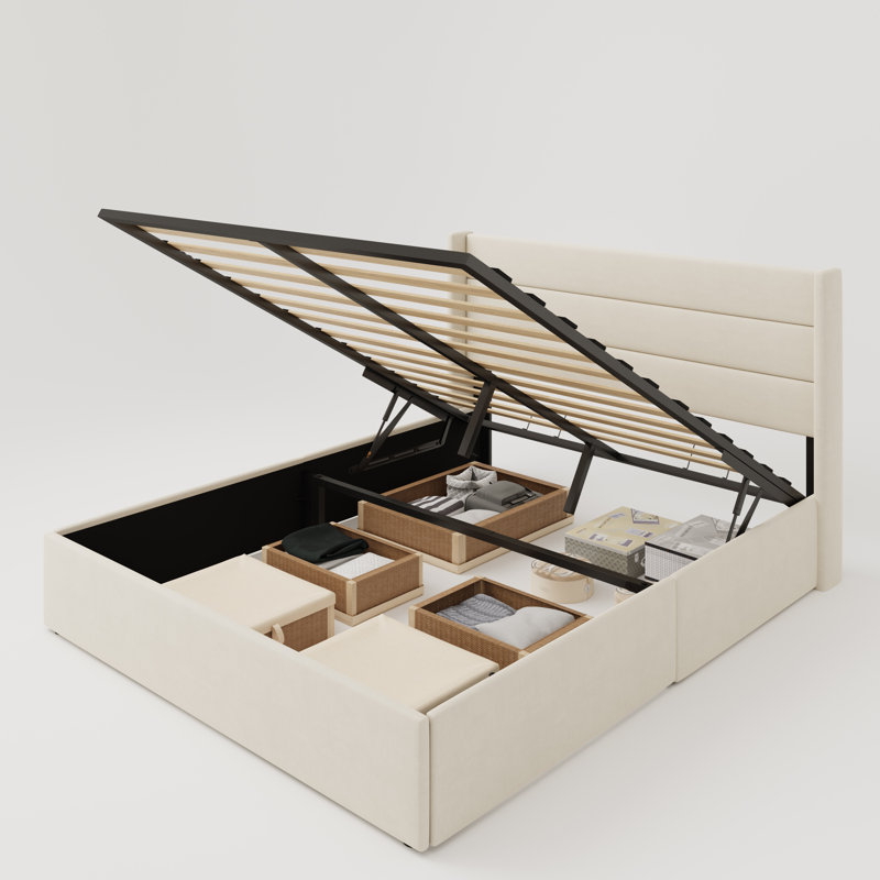 Lit plateforme tapissier hydraulique avec rangement Braya, Grand, Velours crème