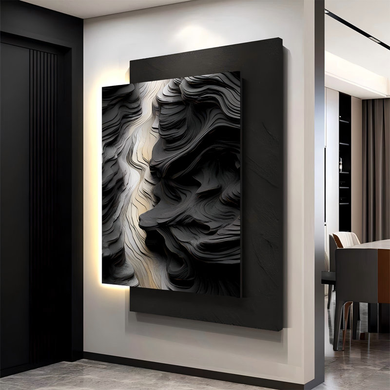 Peinture d'entrée abstraite 27,56 "haut de gamme en noir, blanc et gris, 39.37" H x27.56" W x0.94" D