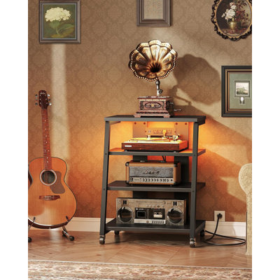 4-Tier AV Media Stand With Wheels, Stereo Stands, Media Console Shelf With Power Strips, LED Lights