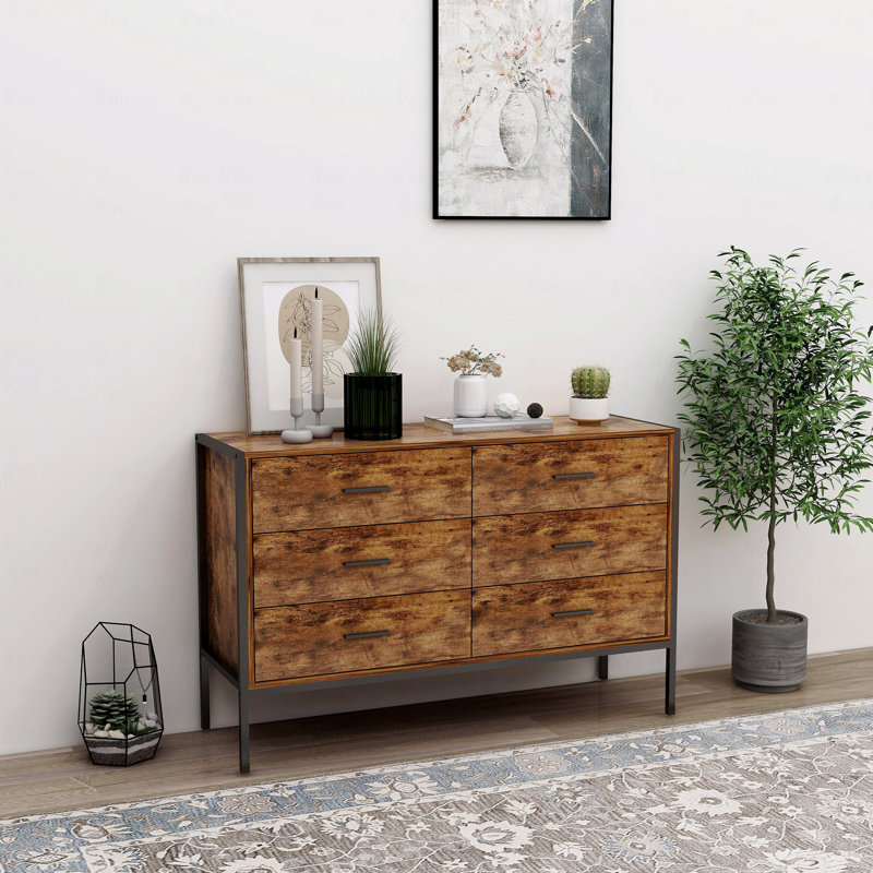 Commode double à 6 tiroirs de style industriel avec rangement en bois brun rustique et structure en acier robuste, commode à 6 tiroirs, armoire de rangement, salon, pour chambre à coucher