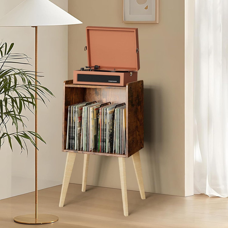 Minimalist Record Player Stand With Vinyl Storage - Mid-Century Turntable Cabinet Holds 160 Albums, Display Shelf With Wood Legs For Living Room And Bedroom