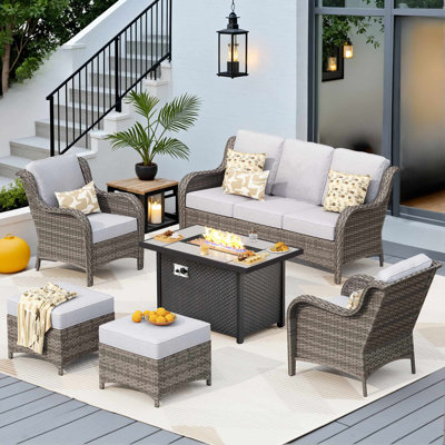 7-Person Outdoor High Back Seating Group With Cushions And Fire Pit,All-Weather Wicker Patio Set