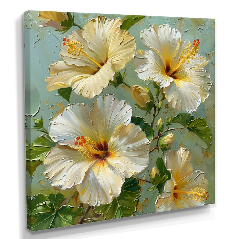 Hibiscus blanc et vert, Toile tendue, H 16 po x l 16 po x P 1 po