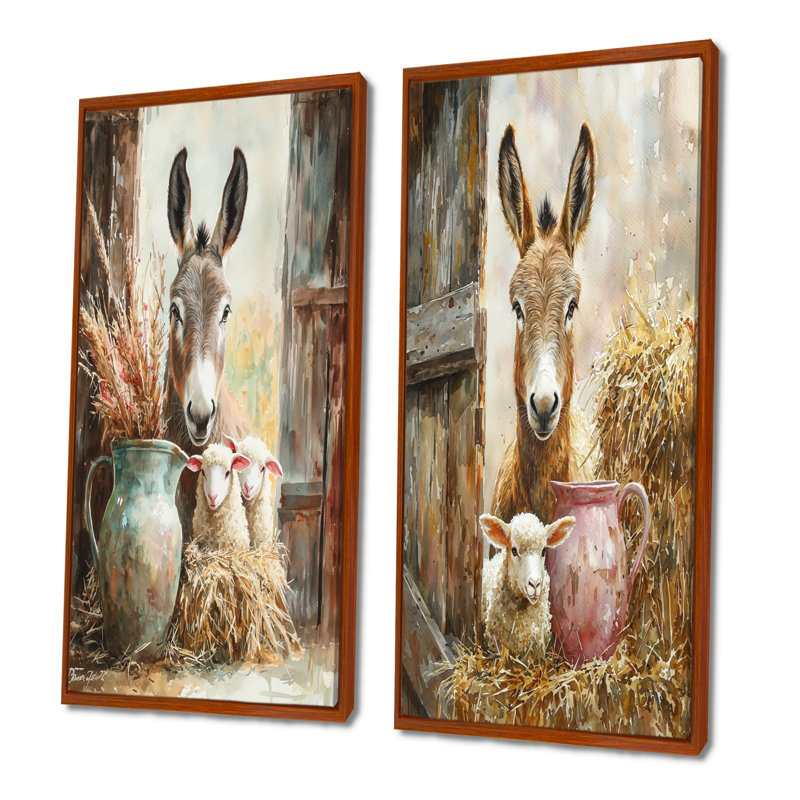 Portrait d'âne et d'agneau à la grange I - Collection d'art mural animaux 2 pièces, H 32 po x l 33 po, Cadre flottant brun
