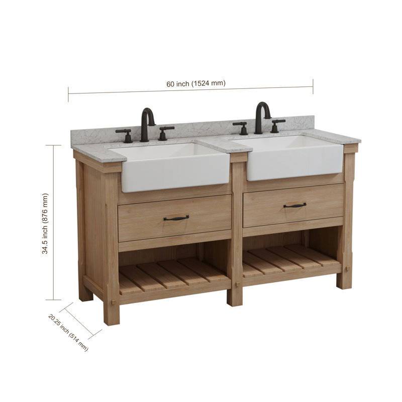 Maxbano Farmhouse 60" Double Bathroom Vanity with Stone Sink, Oak