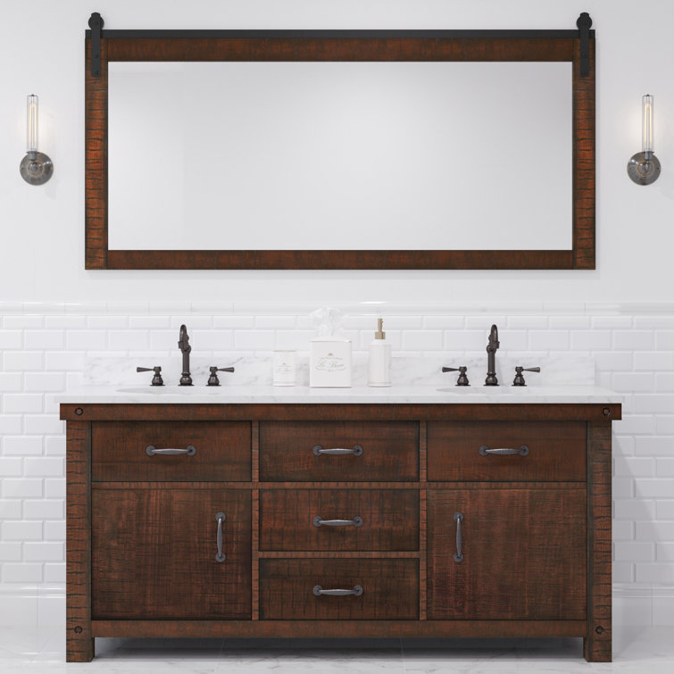 Aberdeen 72 In. Double Sink Blue Limestone Countertop Vanity In Grizzle Gray With Hook Faucet And Mirror