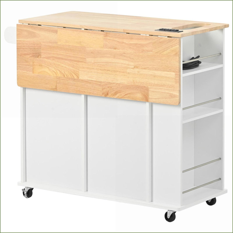 Kitchen Island with Power Outlet, Drop Leaf &amp; Wine Rack | Snow White | Solid Wood Top, White