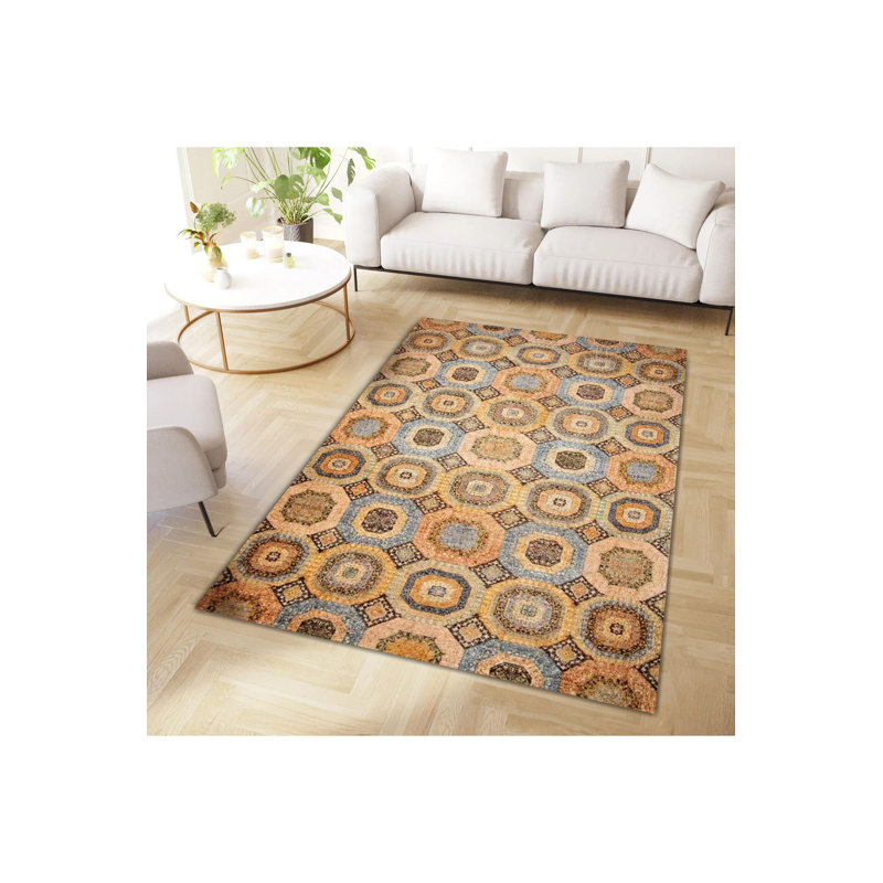 Tapis décoratif jaune tissé à la machine, Sous-tapis rectangulaire 4 pi 7 po x 6 pi 7 po inc