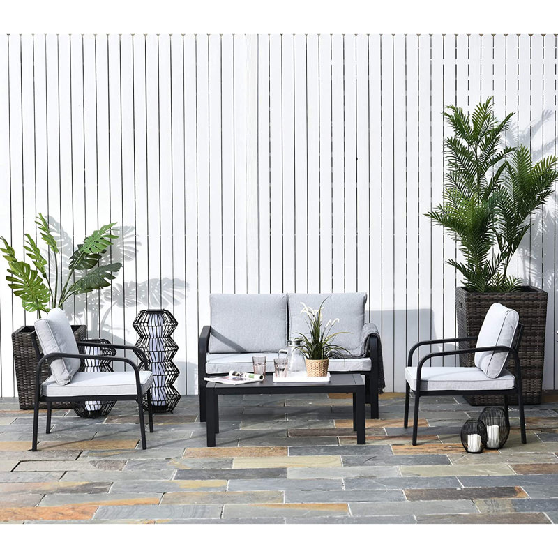 Aalijah 4 - Person Seater Sofa Set with Cushions, Black