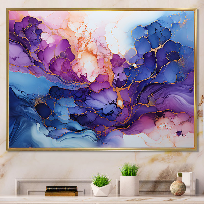 «Rose et bleu Alco», impression sur toile, Cadre flottant doré, H 16 po x l 32 po x P 1 po