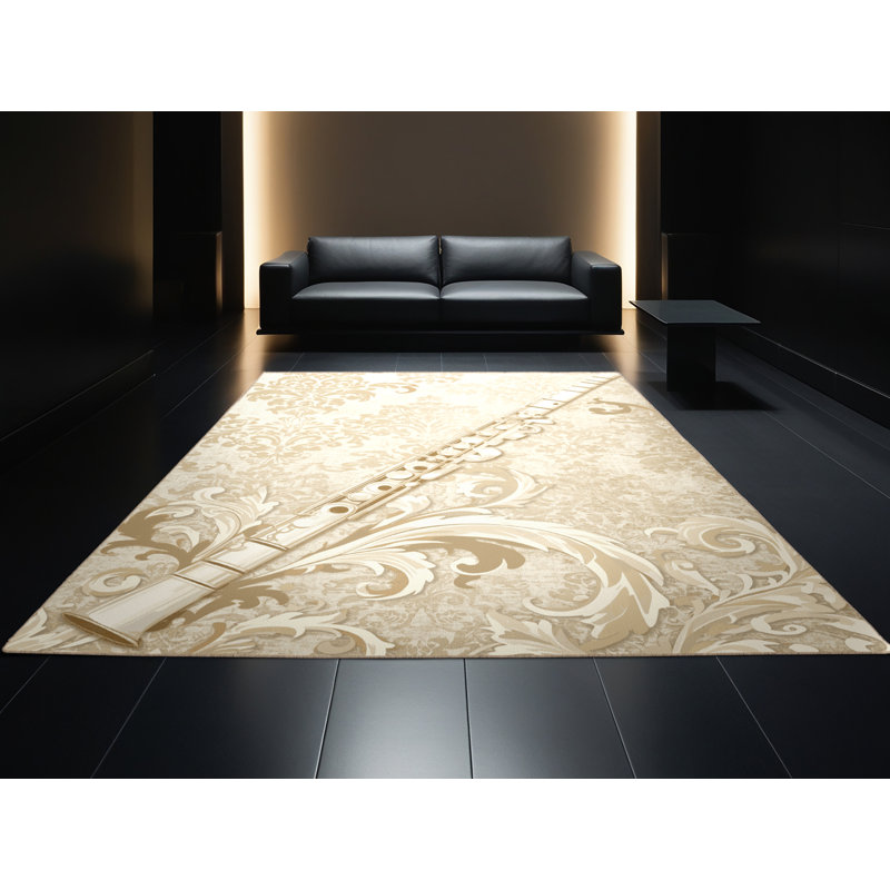 Machine Washable Oweda Oboe Classic Damask Rug in Beige – Beige Binding, 7x10