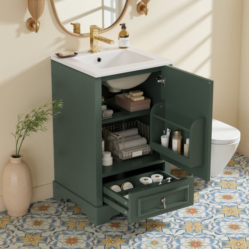 20" Freestanding Single Bathroom Vanity With Ceramic Sink & Soft-Close Door & 1 Drawer, Green