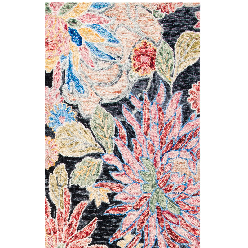 Delman Hand Tufted Wool/Cotton Floral Rug in Red/Charcoal, Square 6'